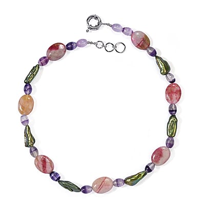 EverTrue Green Pearl (D), Fluorite and Crazy Lace Jasper 165.00 ctw Necklace (18-19 Inches) in Platinum Bond