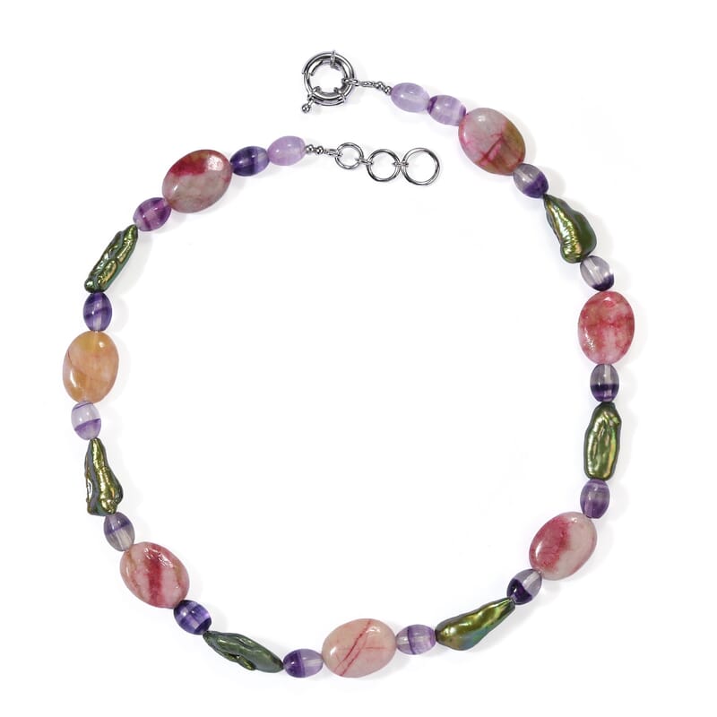 EverTrue Green Pearl (D), Fluorite and Crazy Lace Jasper 165.00 ctw Necklace (18-19 Inches) in Platinum Bond