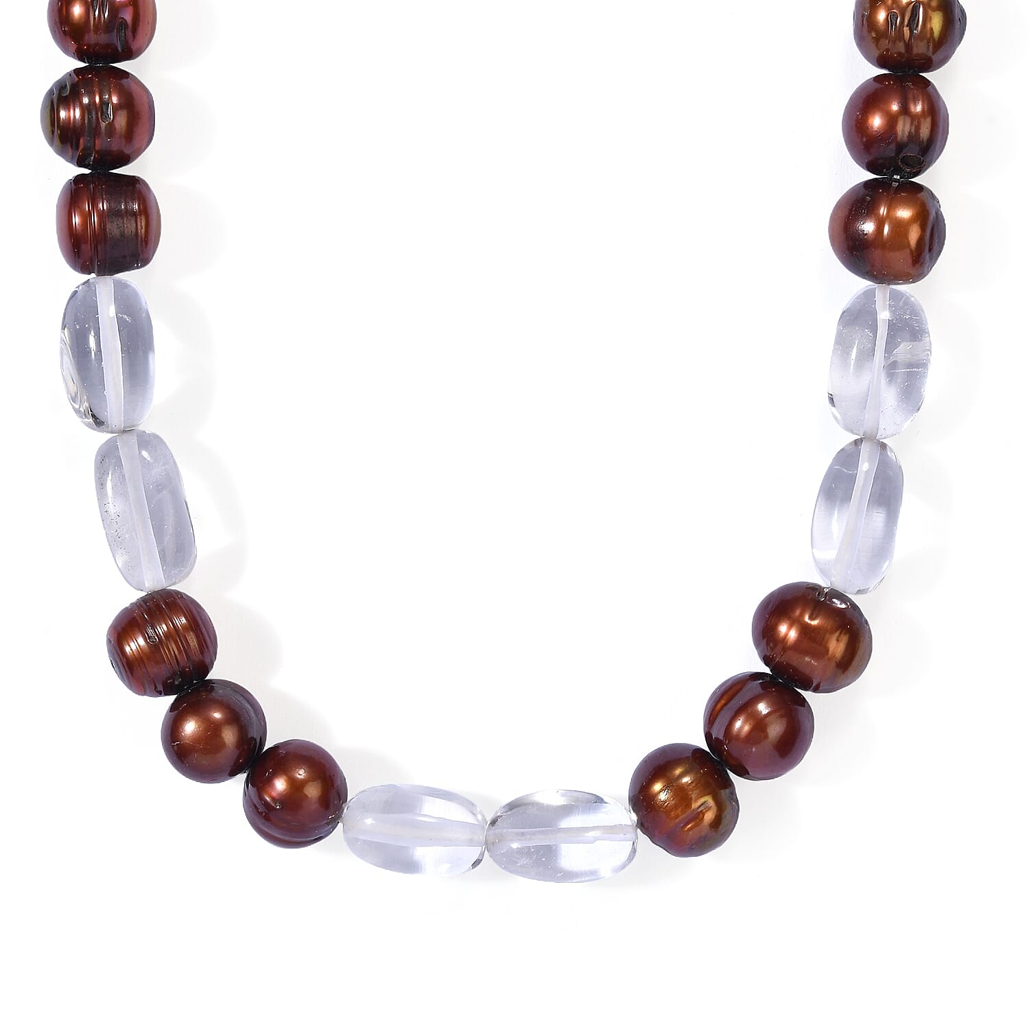 EverTrue Brown Pearl (D) and White Crystal Quartz 182.00 ctw Necklace (18-19 Inches) in Platinum Bond