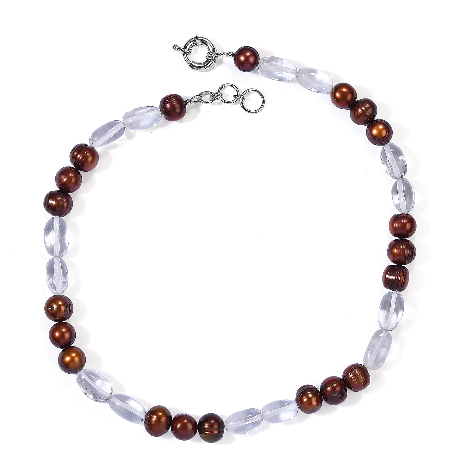 EverTrue Brown Pearl (D) and White Crystal Quartz 182.00 ctw Necklace (18-19 Inches) in Platinum Bond