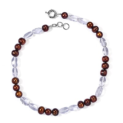 EverTrue Brown Pearl (D) and White Crystal Quartz 182.00 ctw Necklace (18-19 Inches) in Platinum Bond