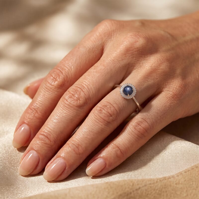 D'Joy Premium Blue Star Sapphire (DF) and Moissanite 5.10 ctw Ring in Rhodium Over Sterling Silver (Size 6.0)