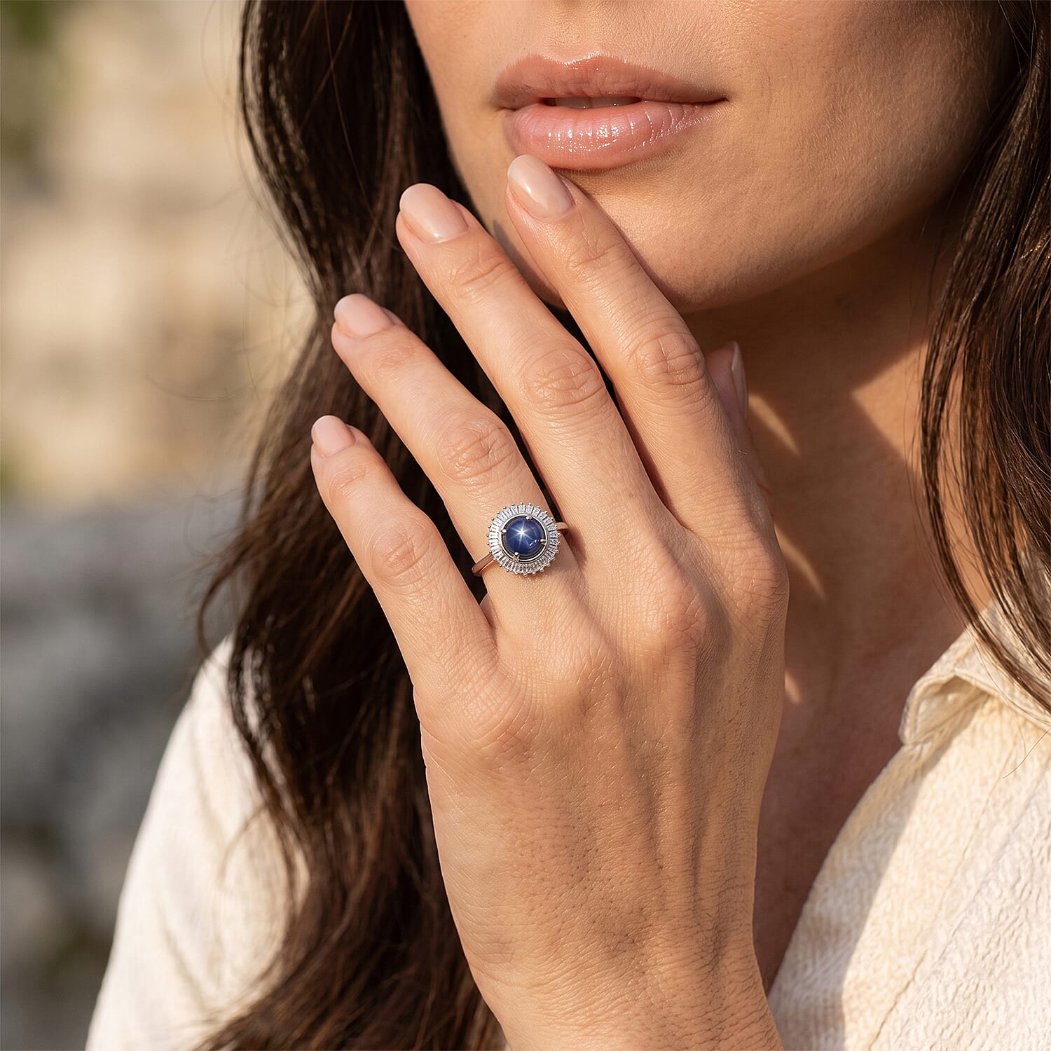 D'Joy Premium Blue Star Sapphire (DF) and Moissanite 5.10 ctw Ring in Rhodium Over Sterling Silver (Size 6.0)