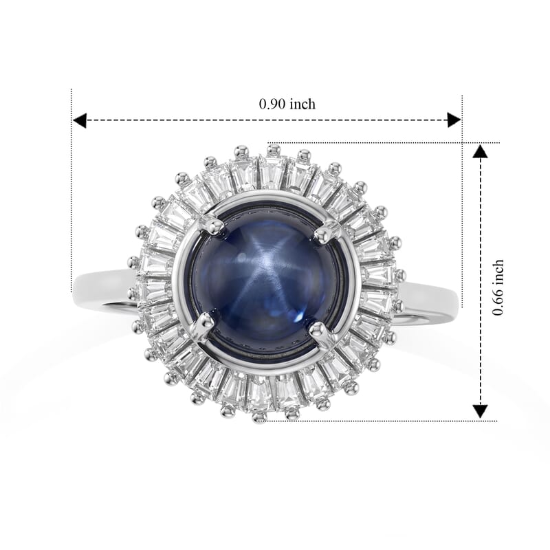 D'Joy Premium Blue Star Sapphire (DF) and Moissanite 5.10 ctw Ring in Rhodium Over Sterling Silver (Size 6.0)