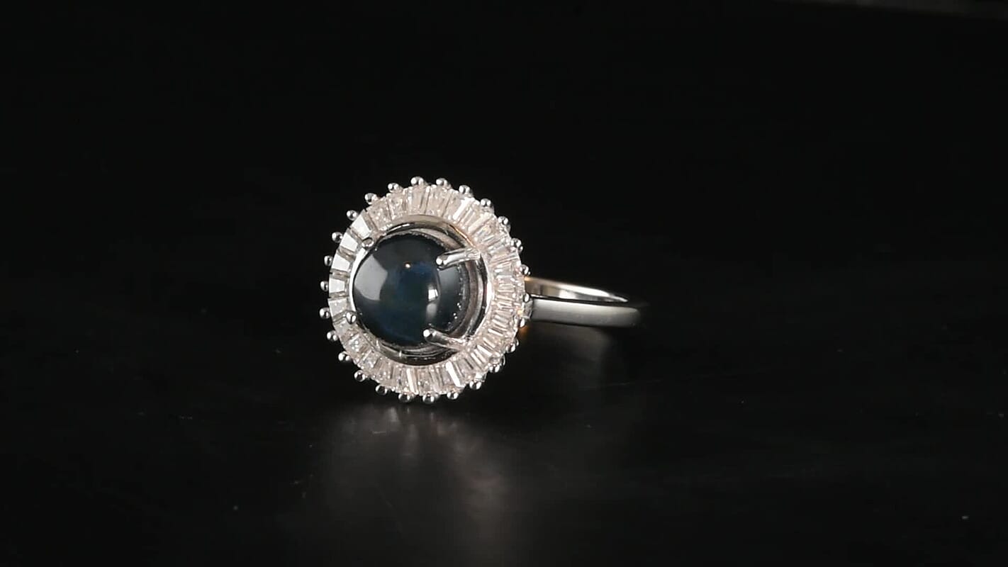 D''Joy Premium Blue Star Sapphire (DF), Moissanite Ring in Rhodium Over Sterling Silver (Size 10.0) 5.10 ctw