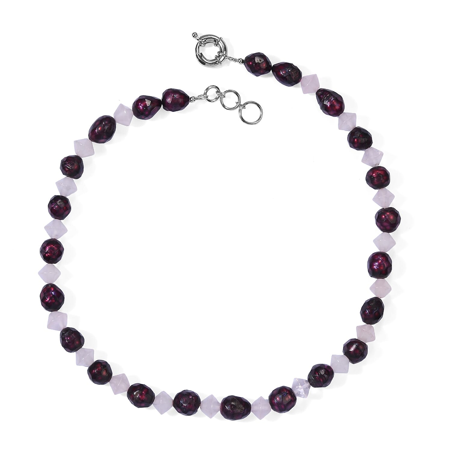 EverTrue Magenta Pearl (D) and Galilea Rose Quartz 85.00 ctw Necklace (18-19 Inches) in Platinum Bond