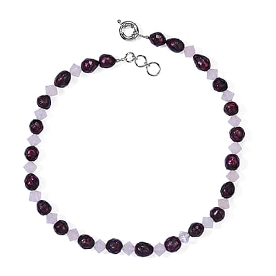 EverTrue Magenta Pearl (D) and Galilea Rose Quartz 85.00 ctw Necklace (18-19 Inches) in Platinum Bond
