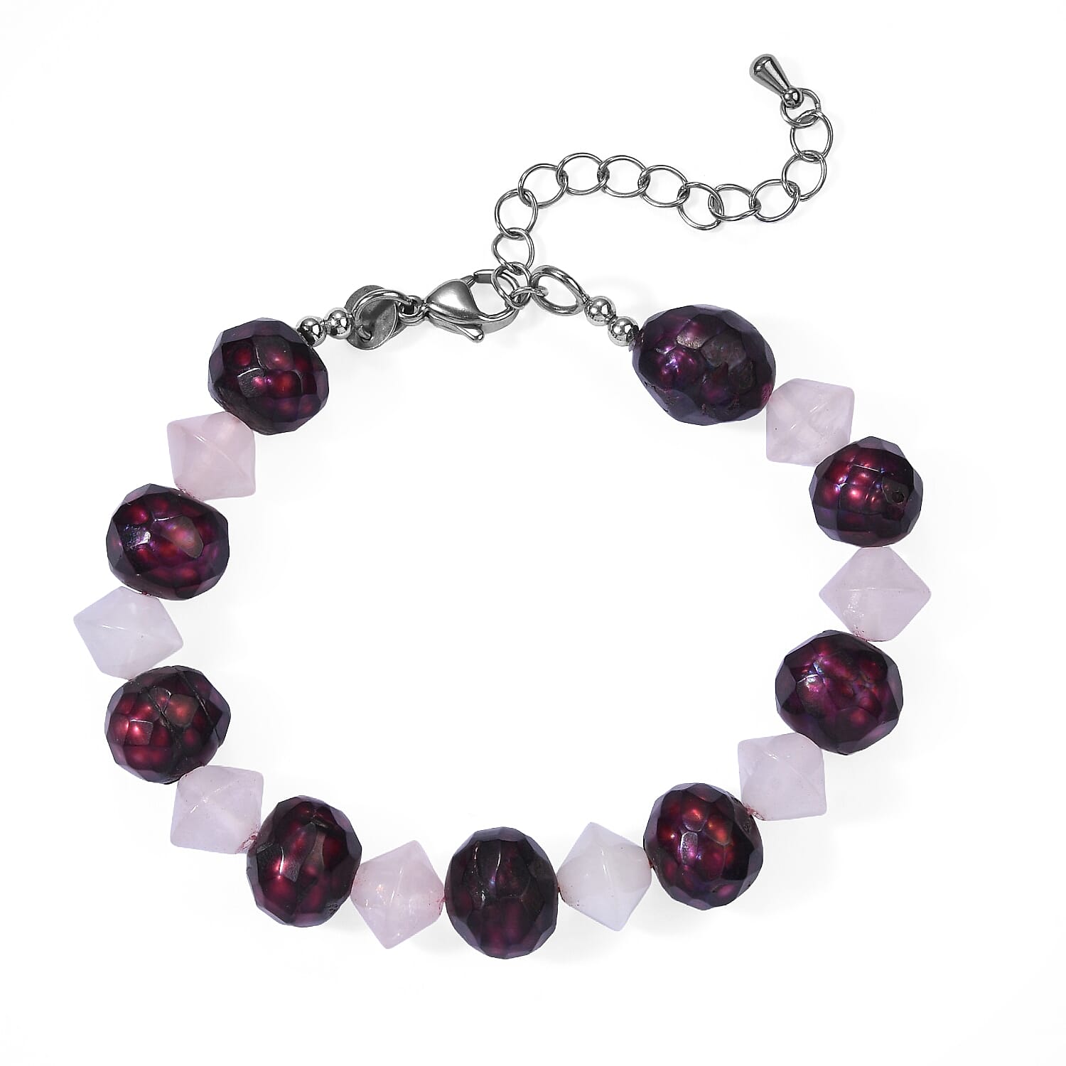 EverTrue Magenta Pearl (D) and Galilea Rose Quartz 35.00 ctw Bracelet in Stainless Steel (7.25-9.25In)