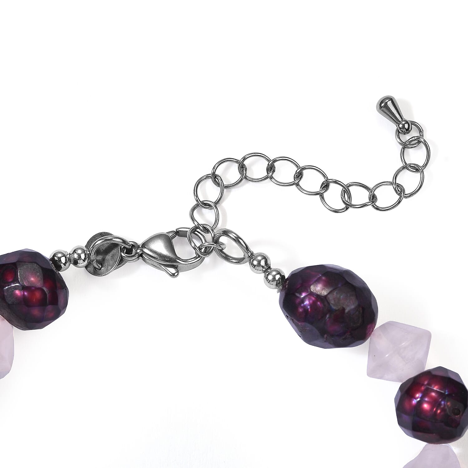 EverTrue Magenta Pearl (D) and Galilea Rose Quartz 35.00 ctw Bracelet in Stainless Steel (7.25-9.25In)