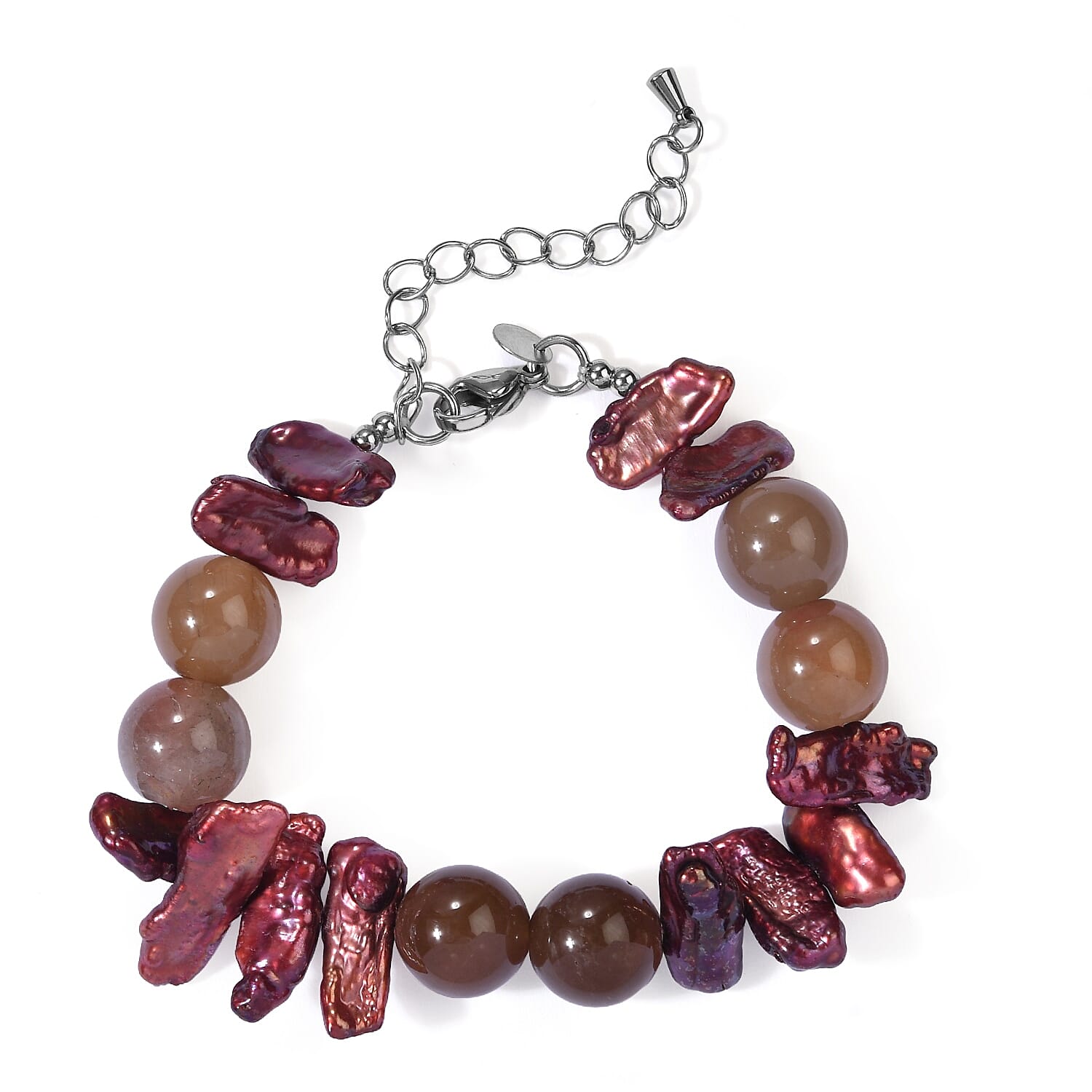 EverTrue Lodolite 105.00 ctw and Magenta Pearl (D) Bracelet in Stainless Steel (7.25-9.25In)