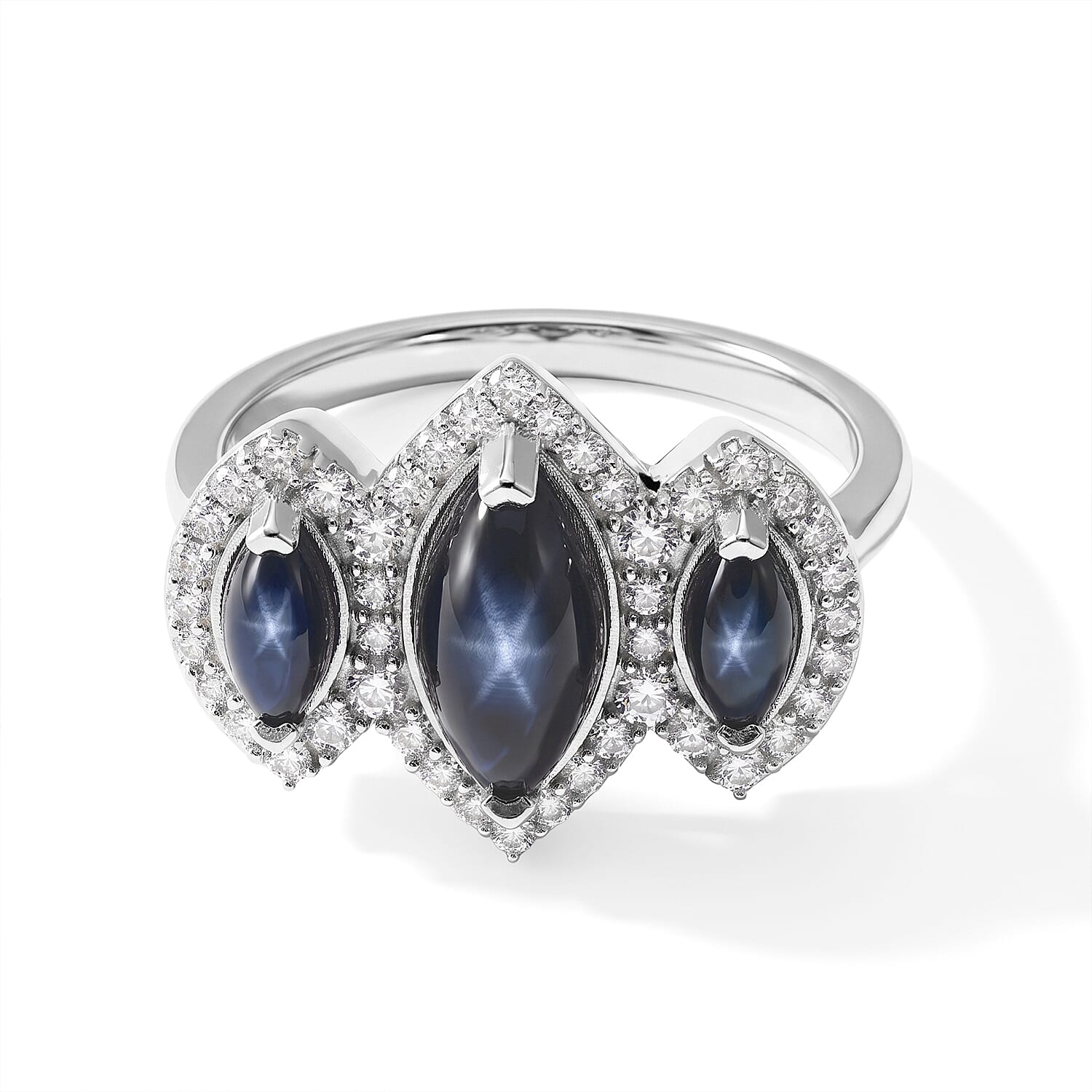 D''Joy Premium Blue Star Sapphire (DF), Moissanite Ring in Rhodium Over Sterling Silver (Size 10.0) 2.85 ctw