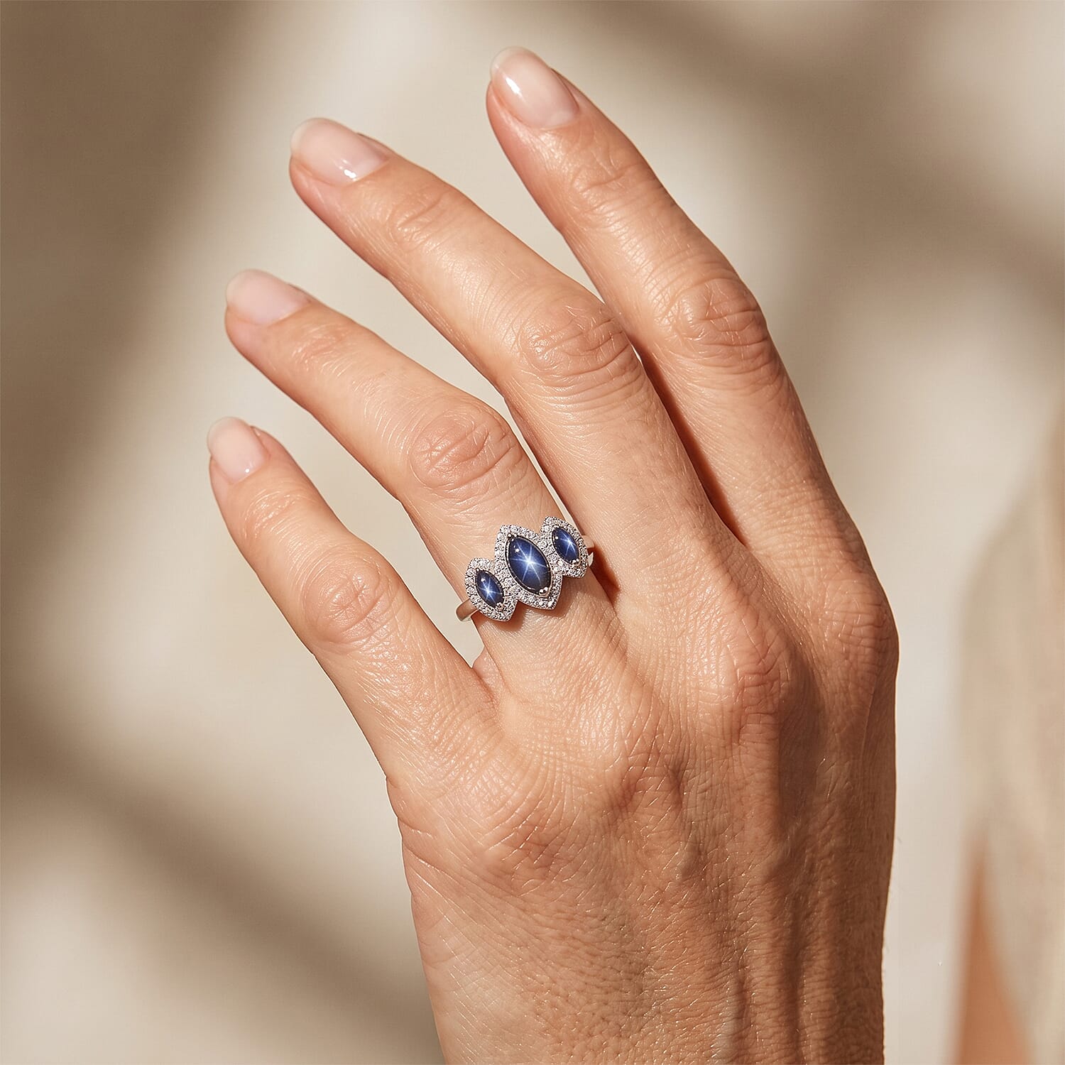 D'Joy Premium Blue Star Sapphire (DF) and Moissanite 2.85 ctw Ring in Rhodium Over Sterling Silver (Size 6.0)