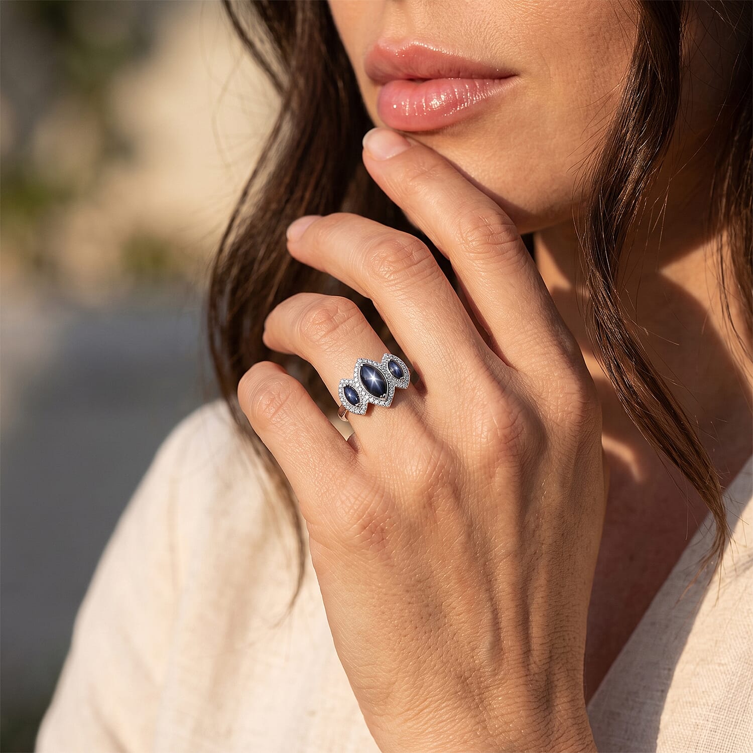 D'Joy Premium Blue Star Sapphire (DF) and Moissanite 2.85 ctw Ring in Rhodium Over Sterling Silver (Size 6.0)