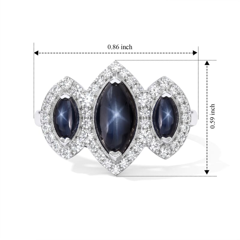 D'Joy Premium Blue Star Sapphire (DF) and Moissanite 2.85 ctw Ring in Rhodium Over Sterling Silver (Size 6.0)