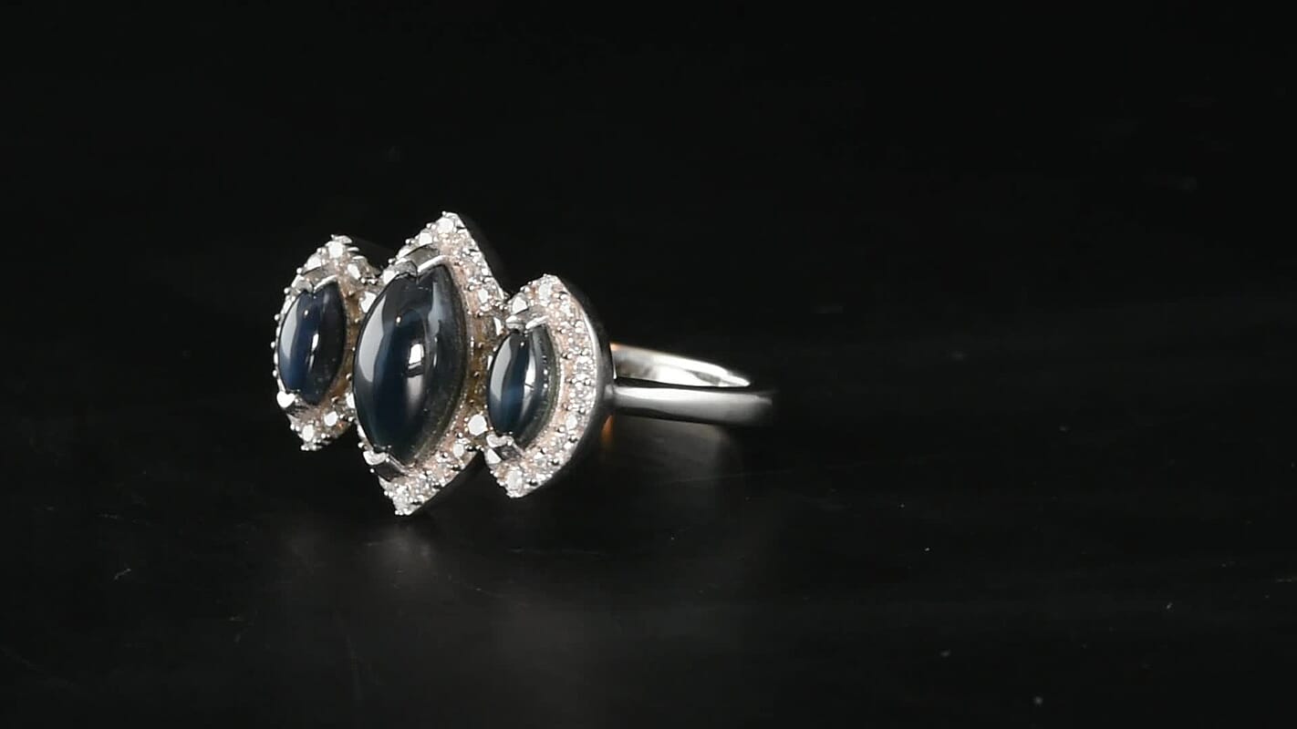 D''Joy Premium Blue Star Sapphire (DF), Moissanite Ring in Rhodium Over Sterling Silver (Size 10.0) 2.85 ctw