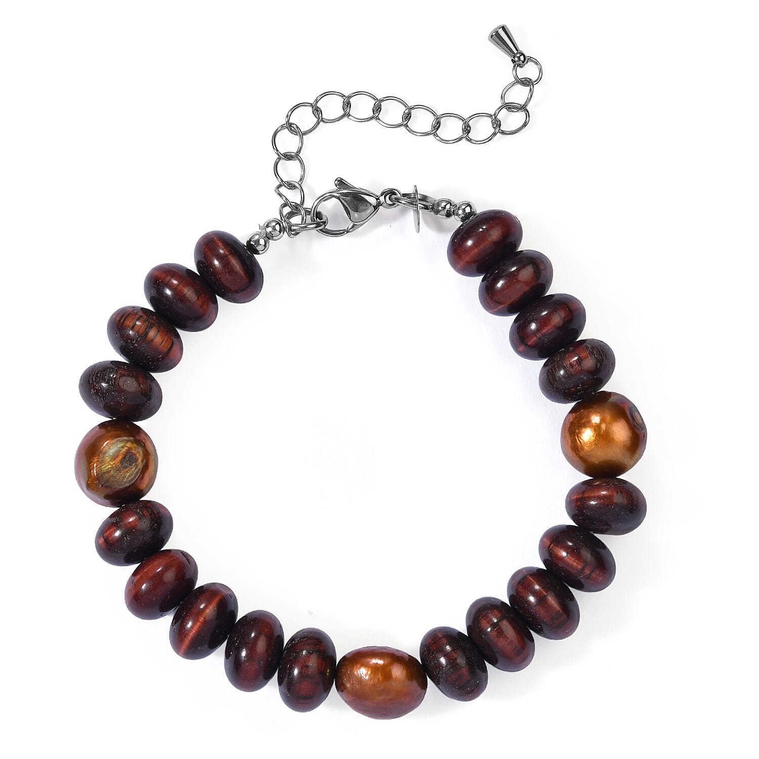 EverTrue Red Tiger Eye 100.00 ctw and Bronze Pearl (D) Bracelet in Stainless Steel (7.25-9.25In)