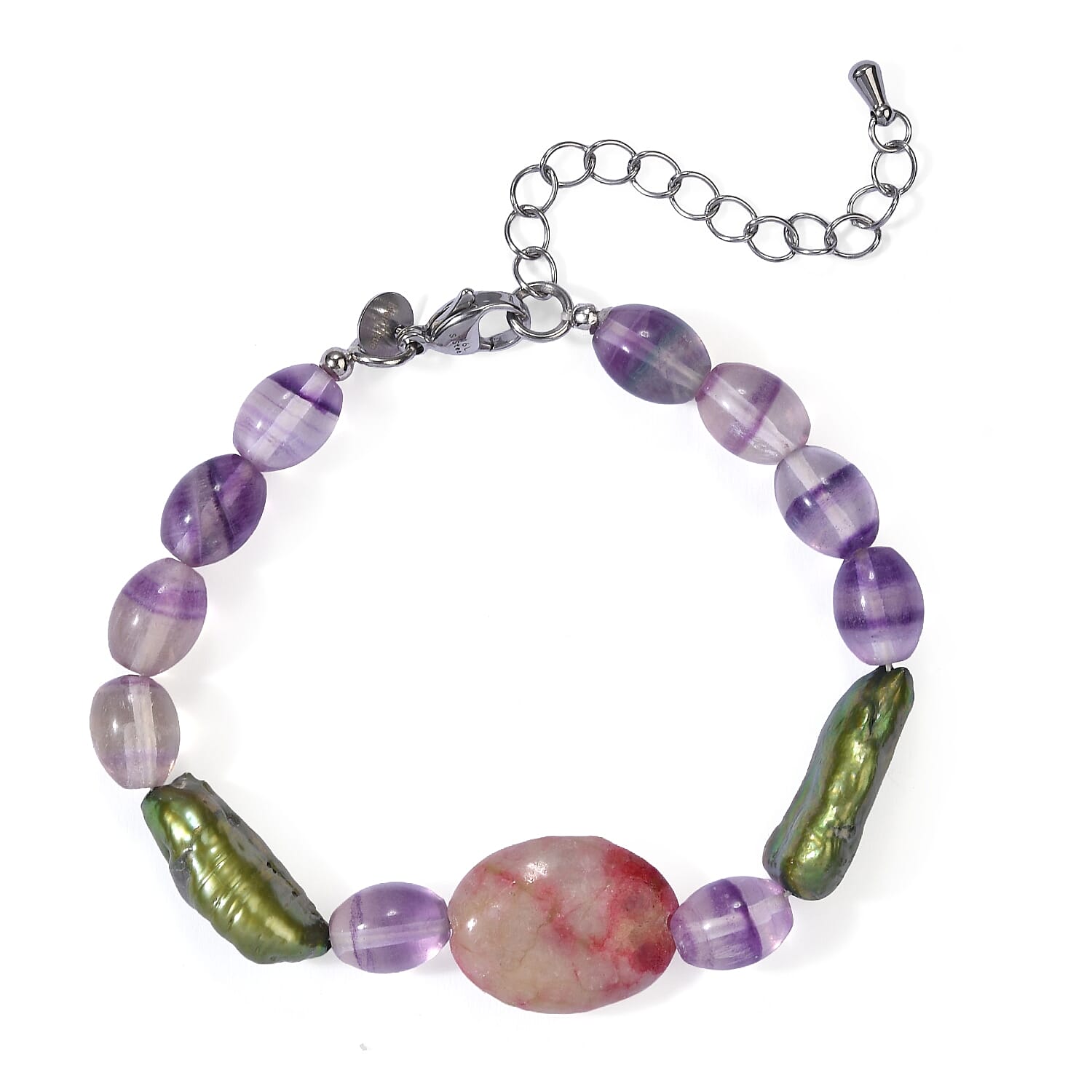 EverTrue Green Pearl (D), Fluorite and Crazy Lace Jasper 58.00 ctw Bracelet in Stainless Steel (7.25-9.25In)