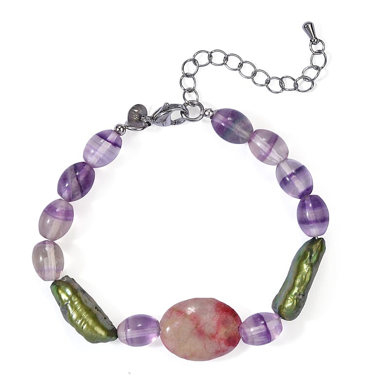 EverTrue Green Pearl (D), Fluorite and Crazy Lace Jasper 58.00 ctw Bracelet in Stainless Steel (7.25-9.25In)