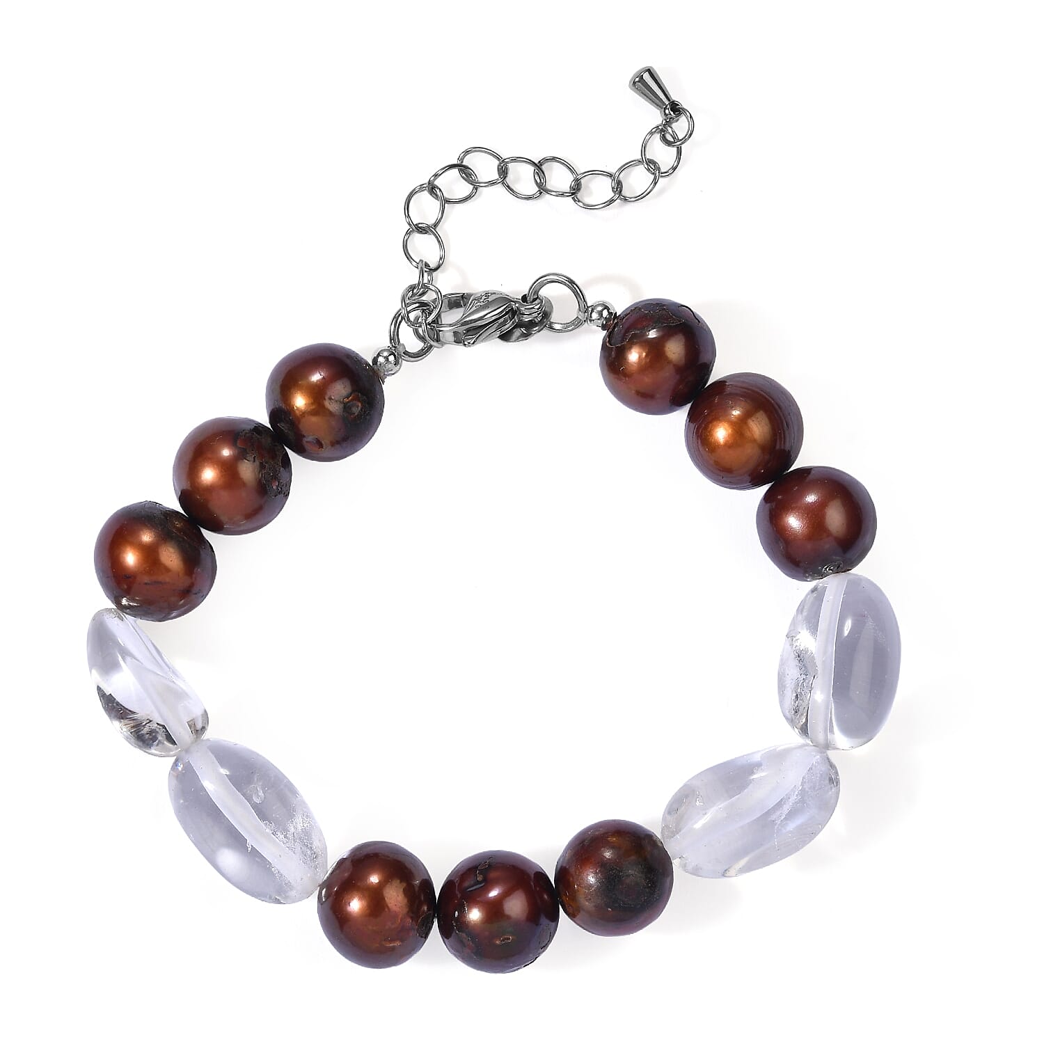 EverTrue Brown Pearl (D) and White Crystal Quartz 35.00 ctw Bracelet in Stainless Steel (7.25-9.25In)