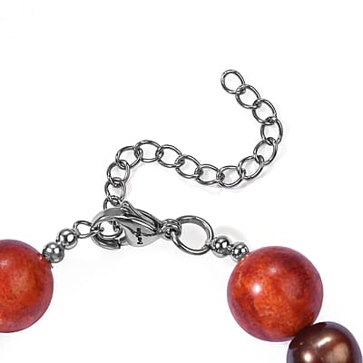 EverTrue Brown Pearl (D) and Coral Bracelet in Stainless Steel (7.25-9.25In)