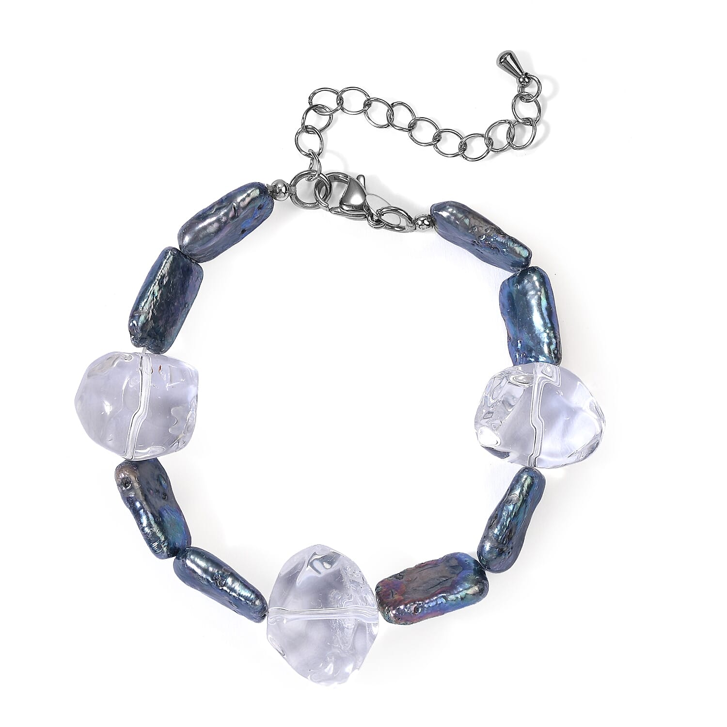 EverTrue Peacock Pearl (D) and White Crystal Quartz 65.00 ctw Bracelet in Stainless Steel (7.25-9.25In)