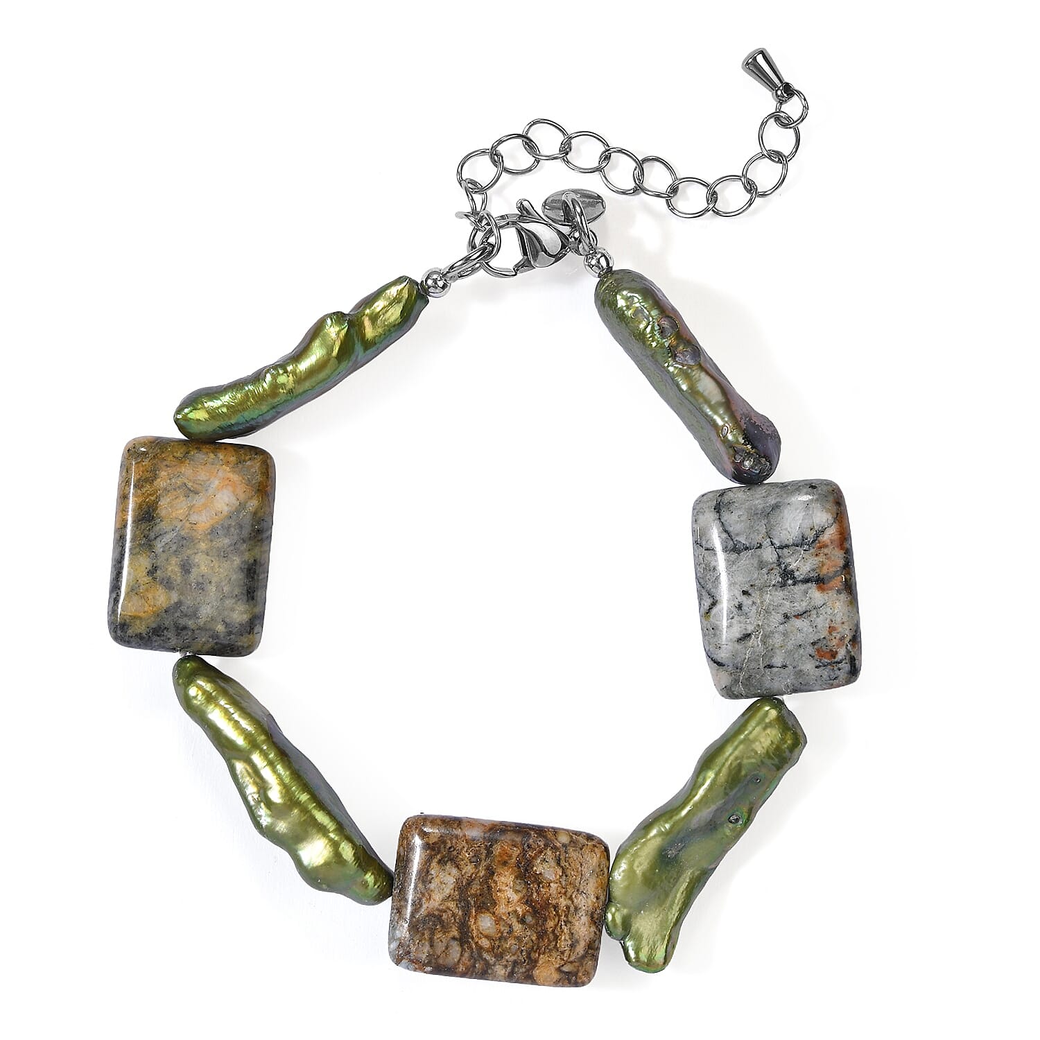 EverTrue Green Pearl (D) and Moss Agate 60.00 ctw Bracelet in Stainless Steel (7.25-9.25In)
