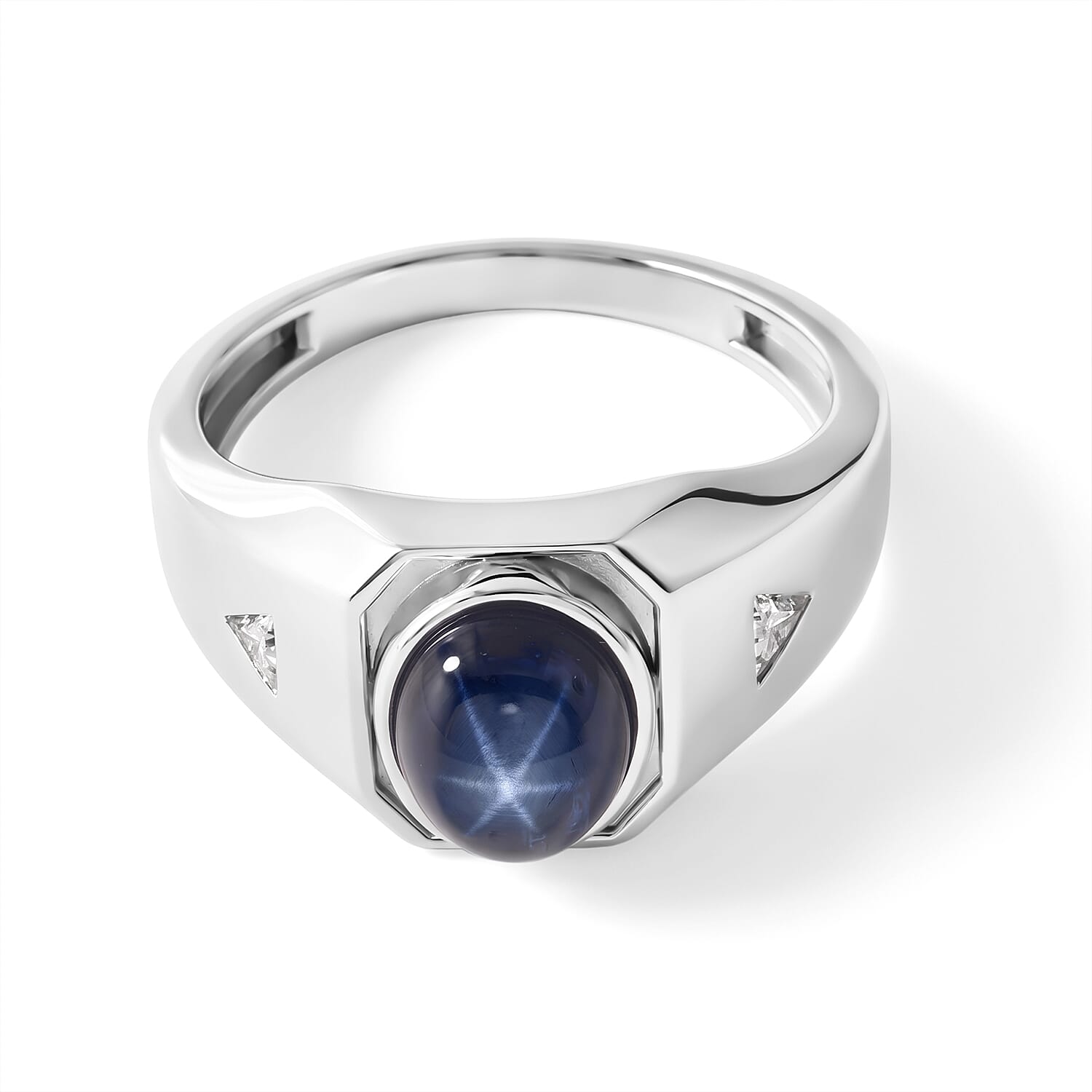 D''Joy Premium Blue Star Sapphire (DF), Moissanite Men''s Ring in Rhodium Over Sterling Silver (Size 10.0) 3.20 ctw