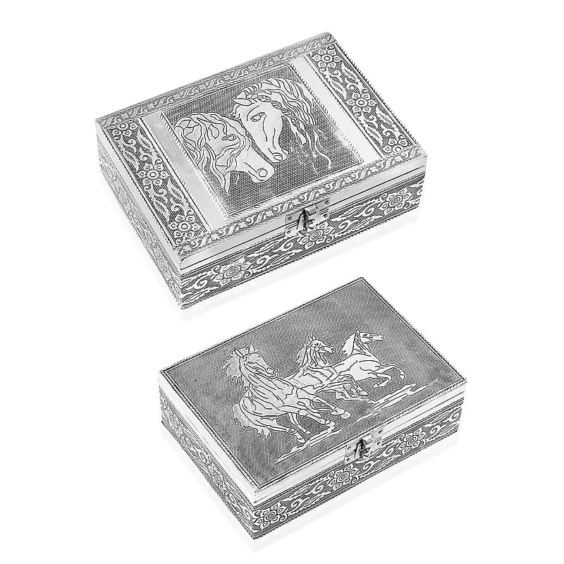 Horse Embossed Aluminium Oxidized Set of 2 Nesting Storage Box