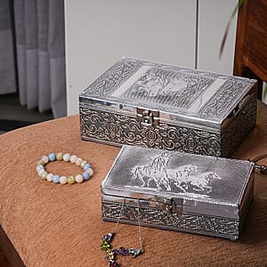 Horse Embossed Aluminium Oxidized Set of 2 Nesting Storage Box