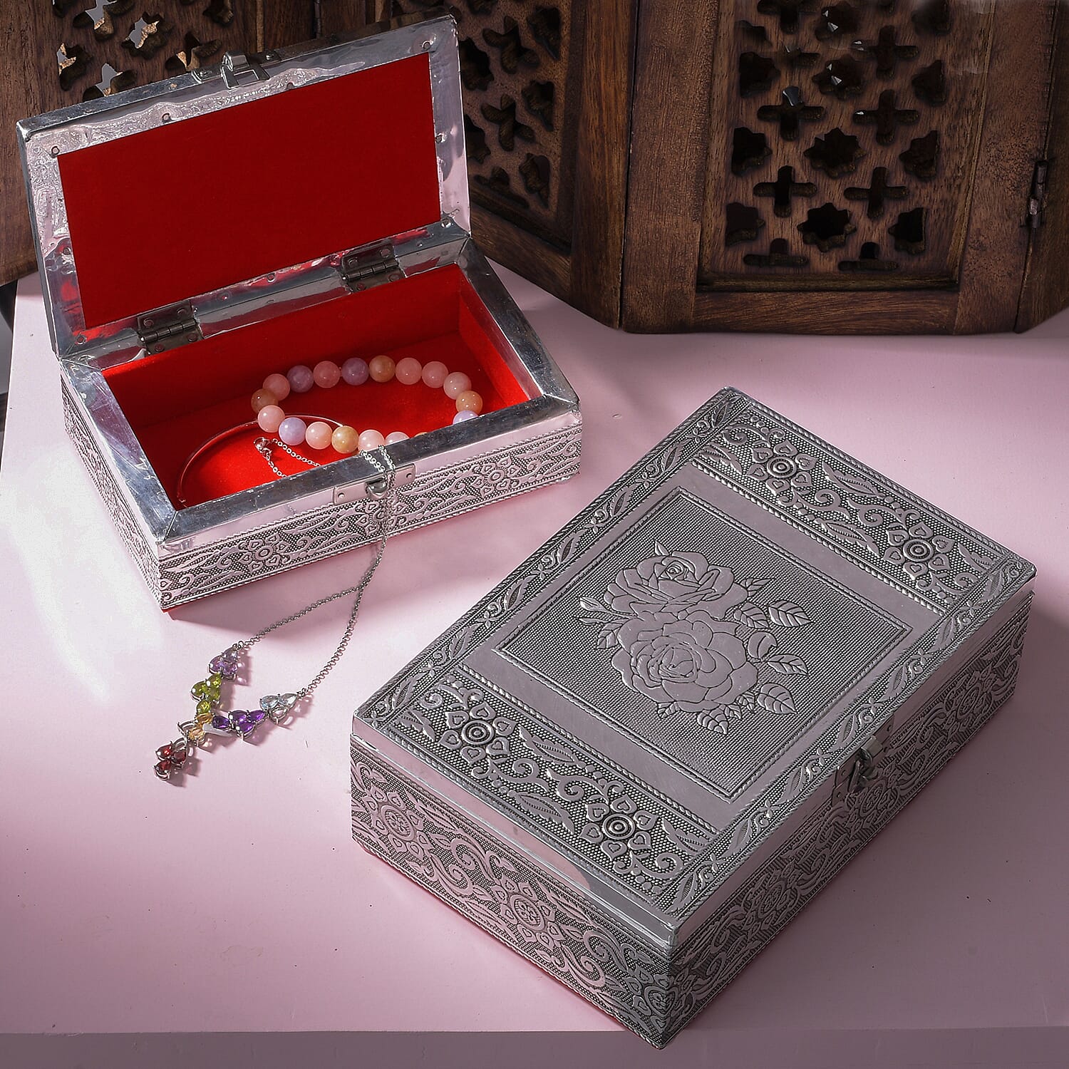 Rose and Flower Motifs Embossed Aluminium Oxidized Set of 2 Nesting Storage Box