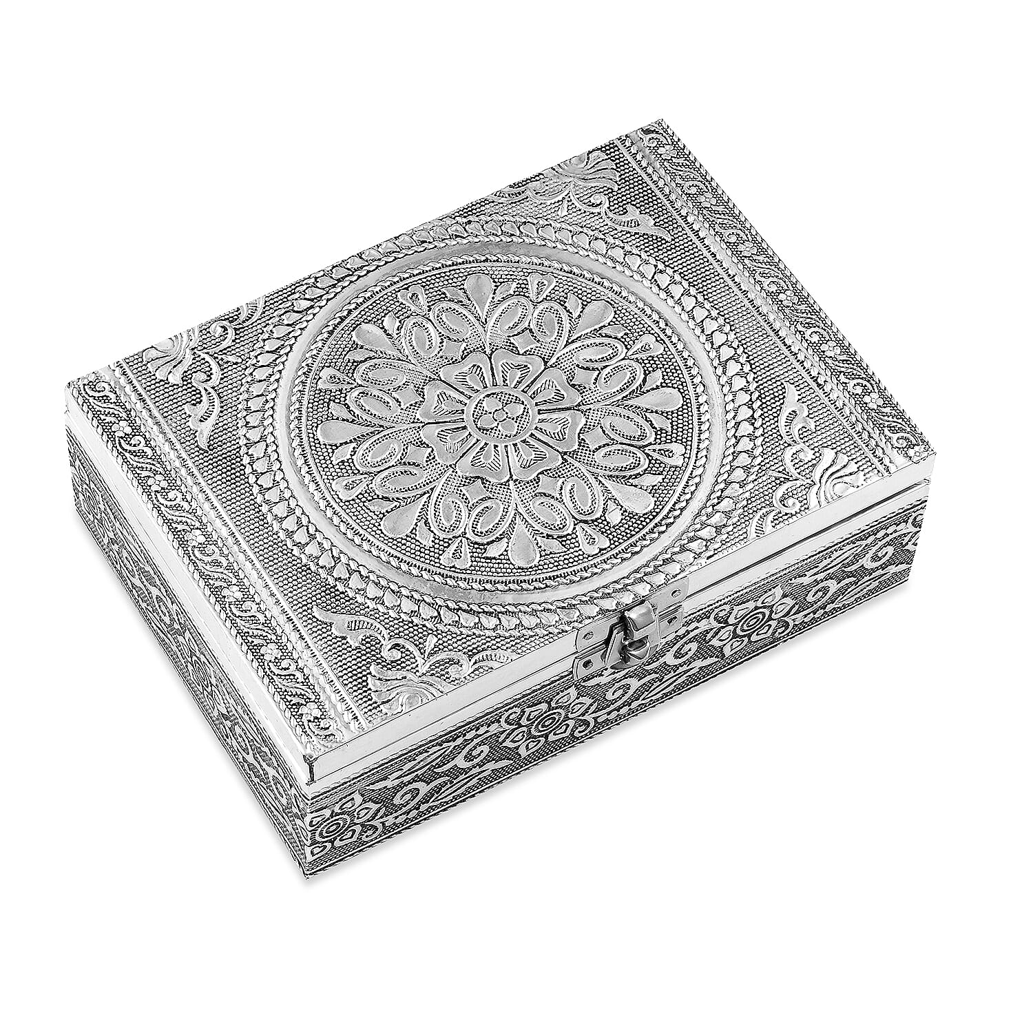 Rose and Flower Motifs Embossed Aluminium Oxidized Set of 2 Nesting Storage Box