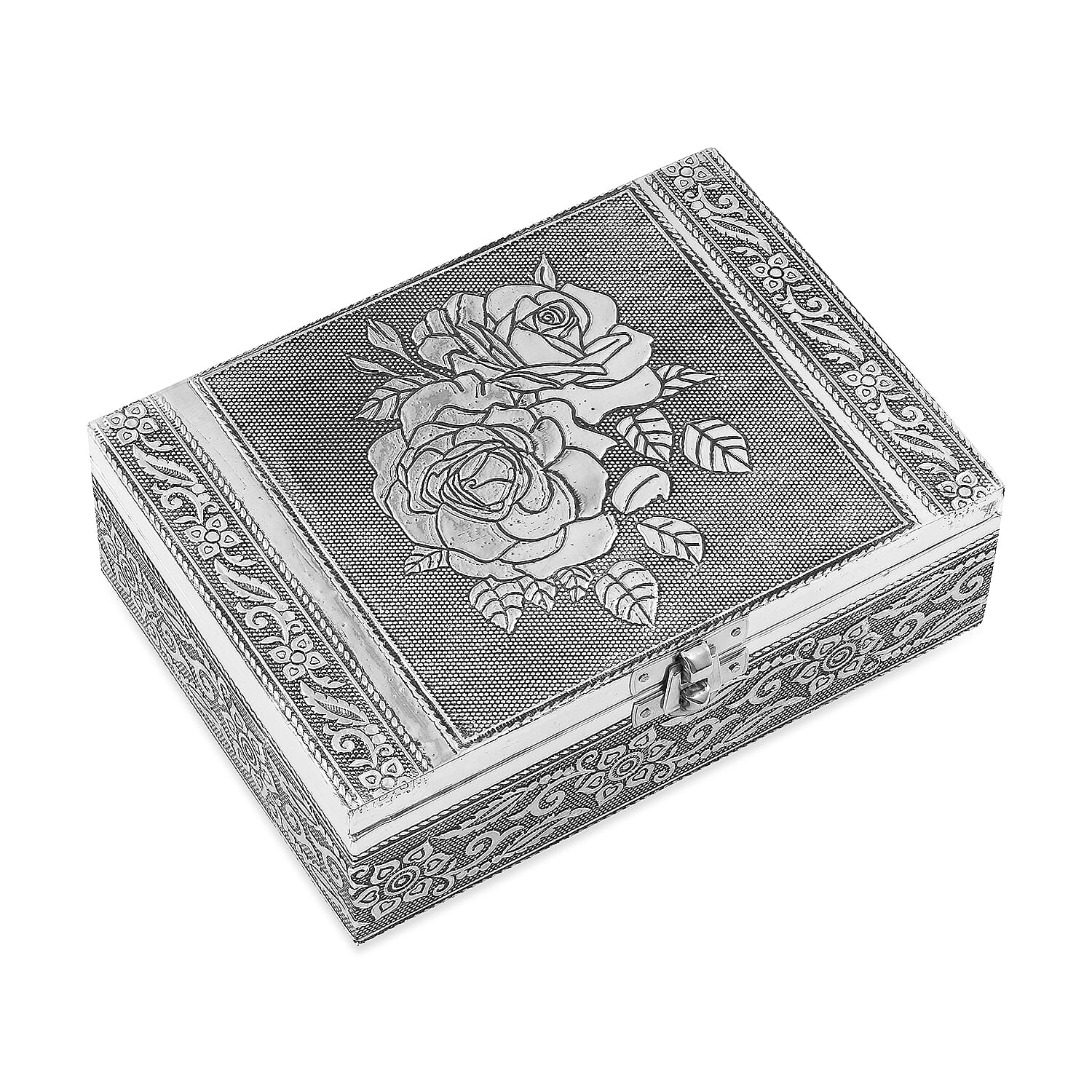 Rose and Flower Motifs Embossed Aluminium Oxidized Set of 2 Nesting Storage Box