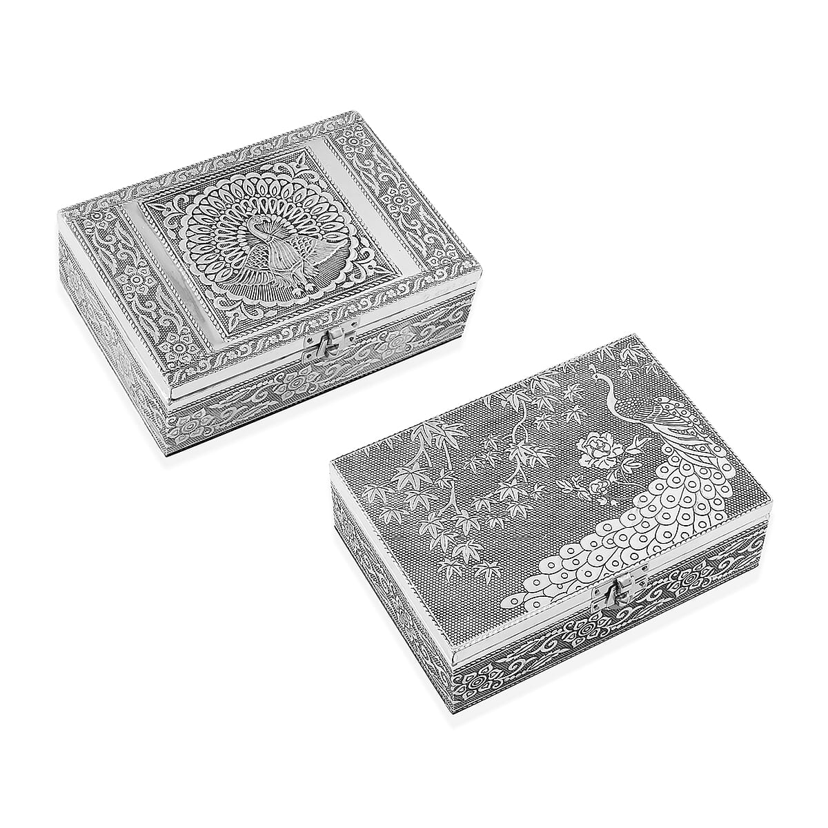 Peacock Embossed Aluminium Oxidized Set of 2 Nesting Storage Box image number 0