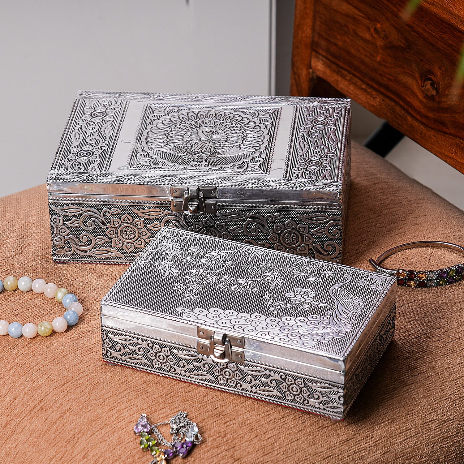 Peacock Embossed Aluminium Oxidized Set of 2 Nesting Storage Box