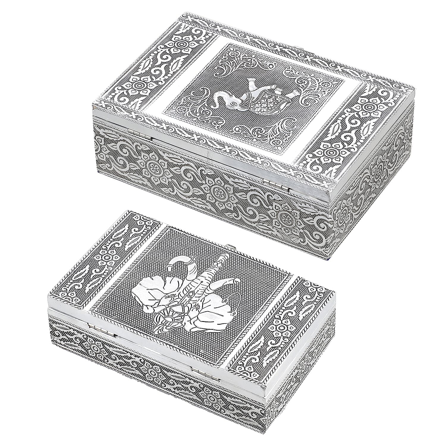 Elephant Embossed Aluminium Oxidized Set of 2 Nesting Storage Box