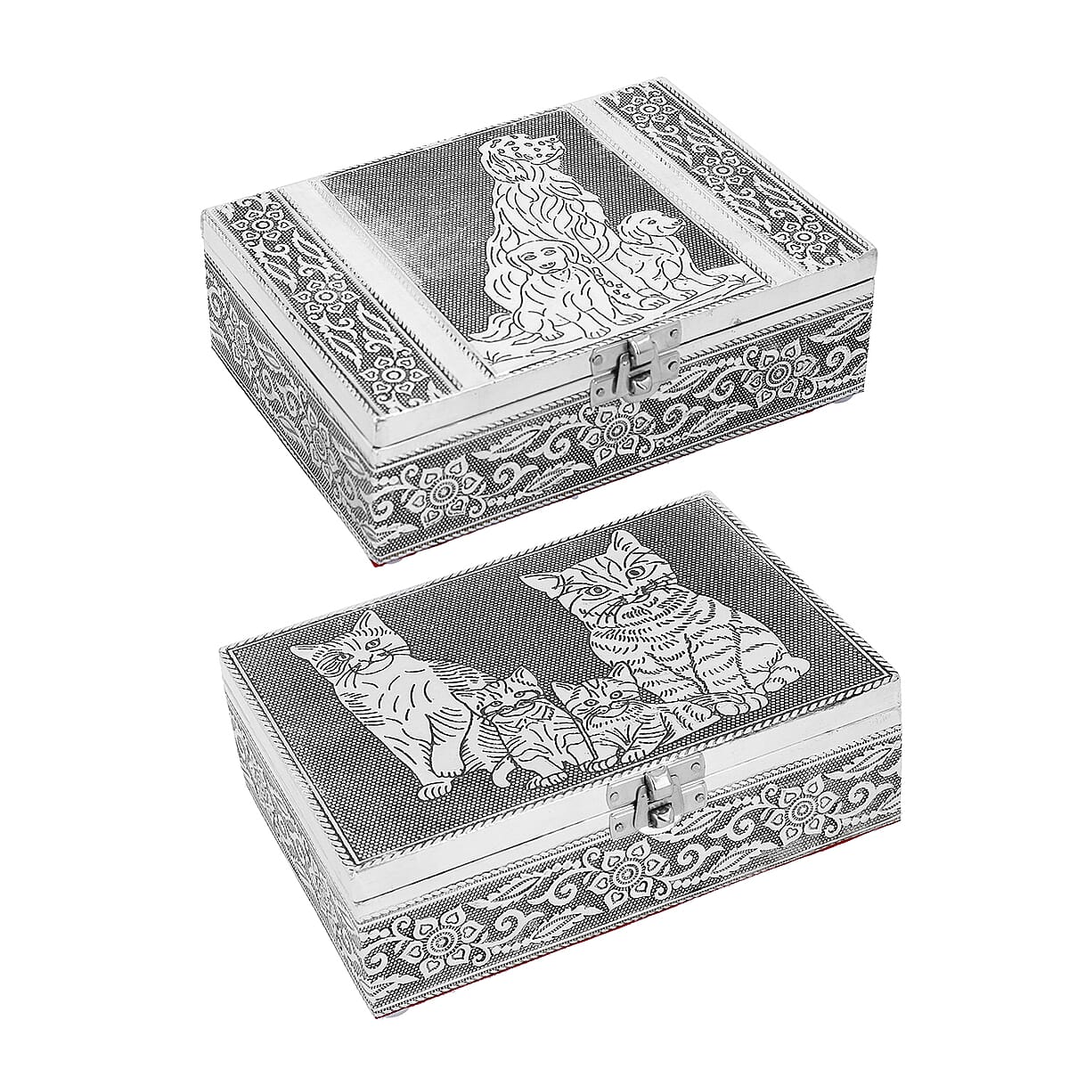 Cat and Dog Embossed Aluminium Oxidized Set of 2 Nesting Storage Box image number 0