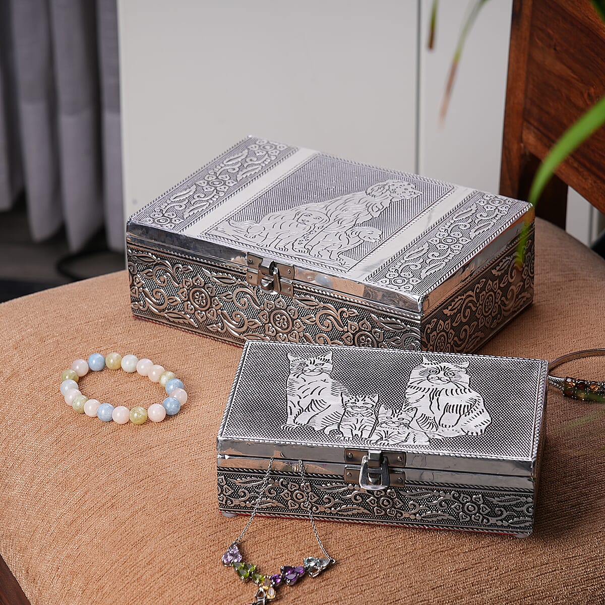 Cat and Dog Embossed Aluminium Oxidized Set of 2 Nesting Storage Box image number 1