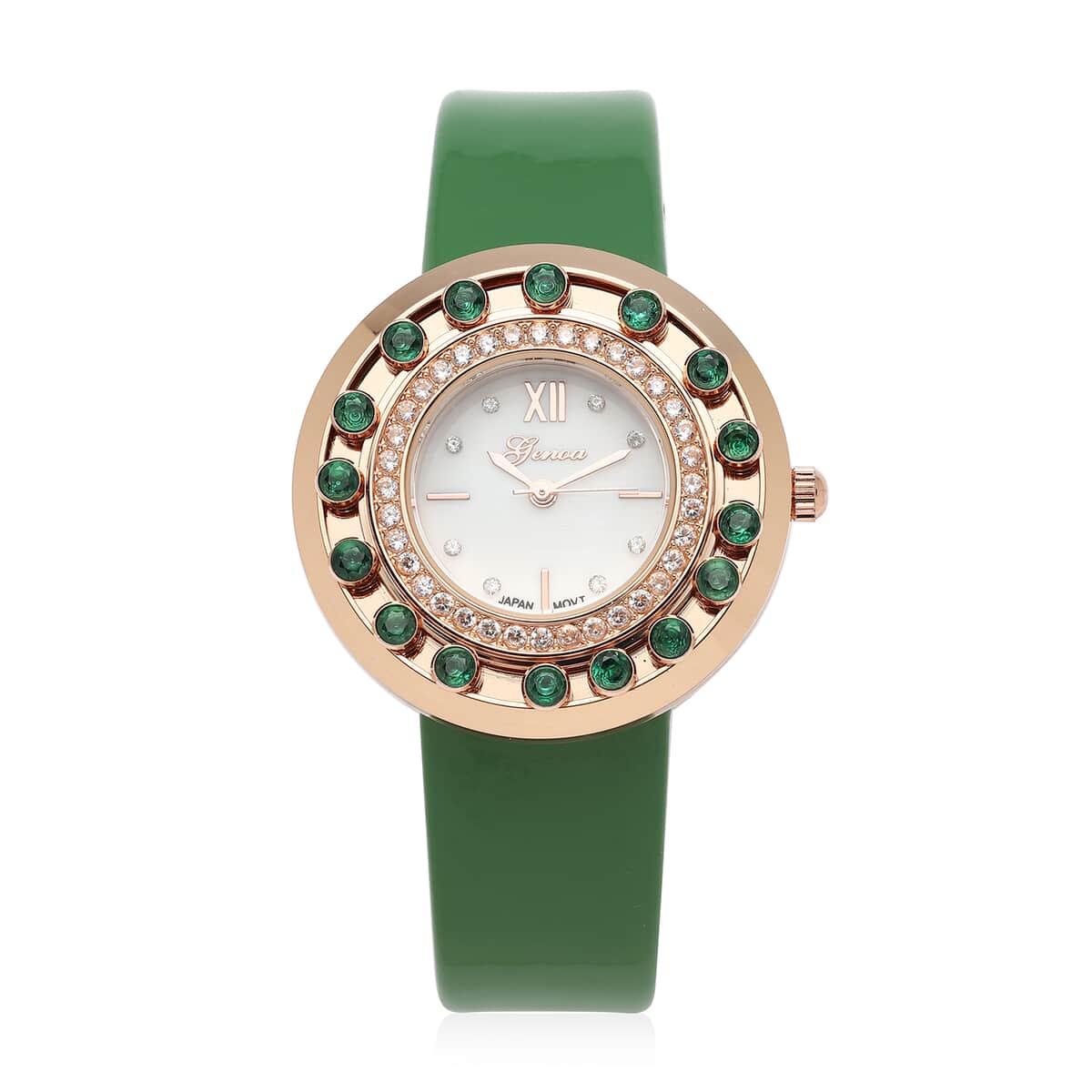 Valentine's Day Deal GENOA Simulated Green and White Diamond Miyota Japanese Movement Watch with Green Leather Strap (Ships in 7-10 Business Days) 1.50 ctw image number 0