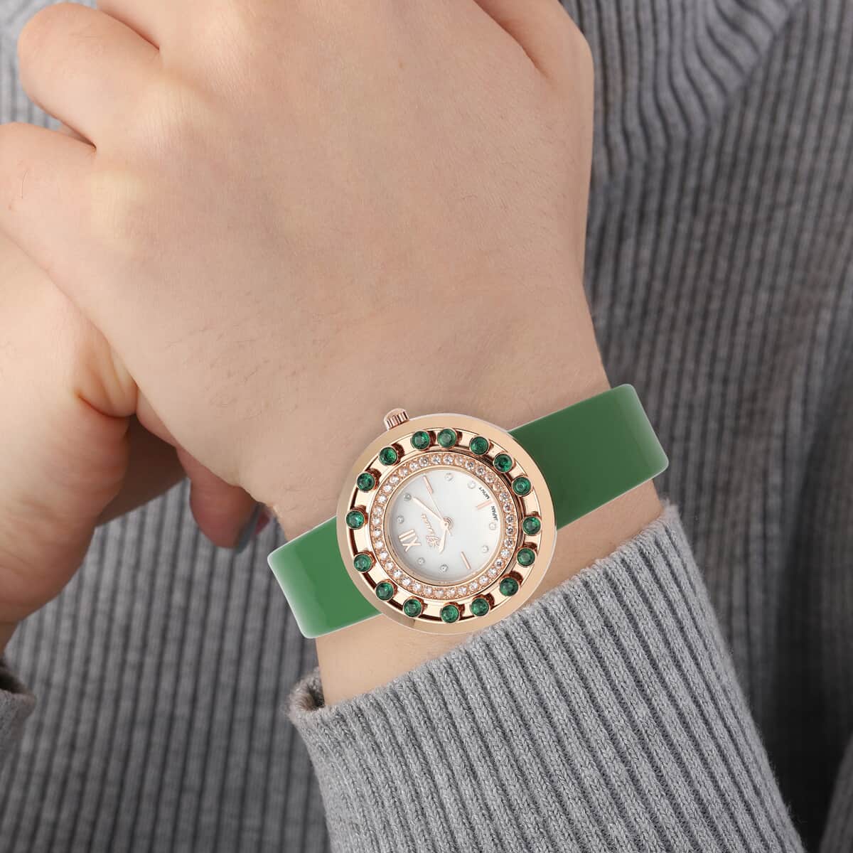 Valentine's Day Deal GENOA Simulated Green and White Diamond Miyota Japanese Movement Watch with Green Leather Strap (Ships in 7-10 Business Days) 1.50 ctw image number 2