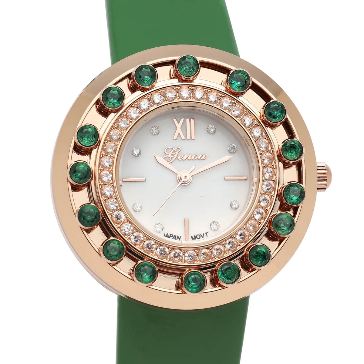 Valentine's Day Deal GENOA Simulated Green and White Diamond Miyota Japanese Movement Watch with Green Leather Strap (Ships in 7-10 Business Days) 1.50 ctw image number 3