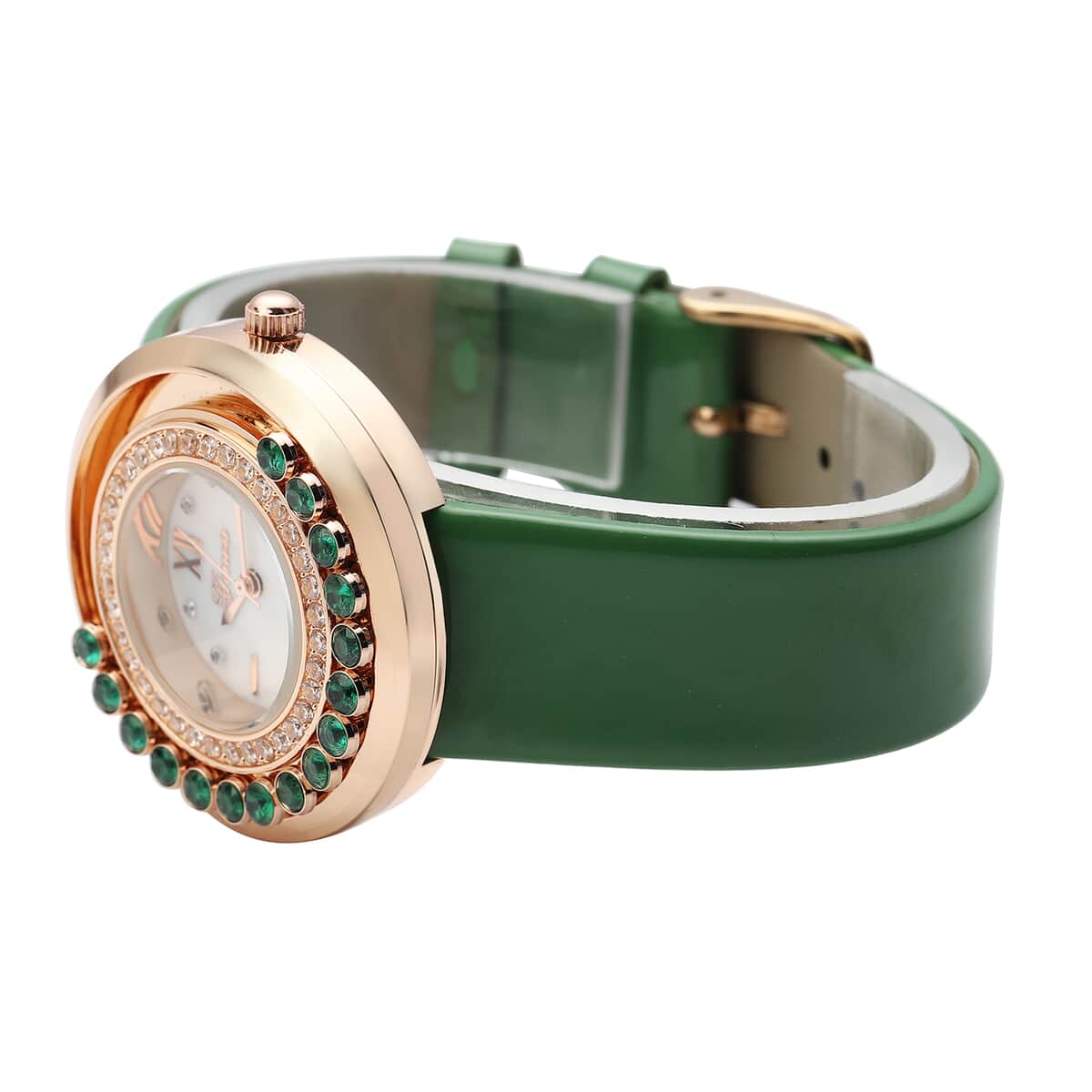 Valentine's Day Deal GENOA Simulated Green and White Diamond Miyota Japanese Movement Watch with Green Leather Strap (Ships in 7-10 Business Days) 1.50 ctw image number 4