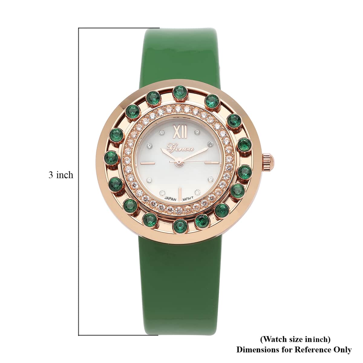 Valentine's Day Deal GENOA Simulated Green and White Diamond Miyota Japanese Movement Watch with Green Leather Strap (Ships in 7-10 Business Days) 1.50 ctw image number 6