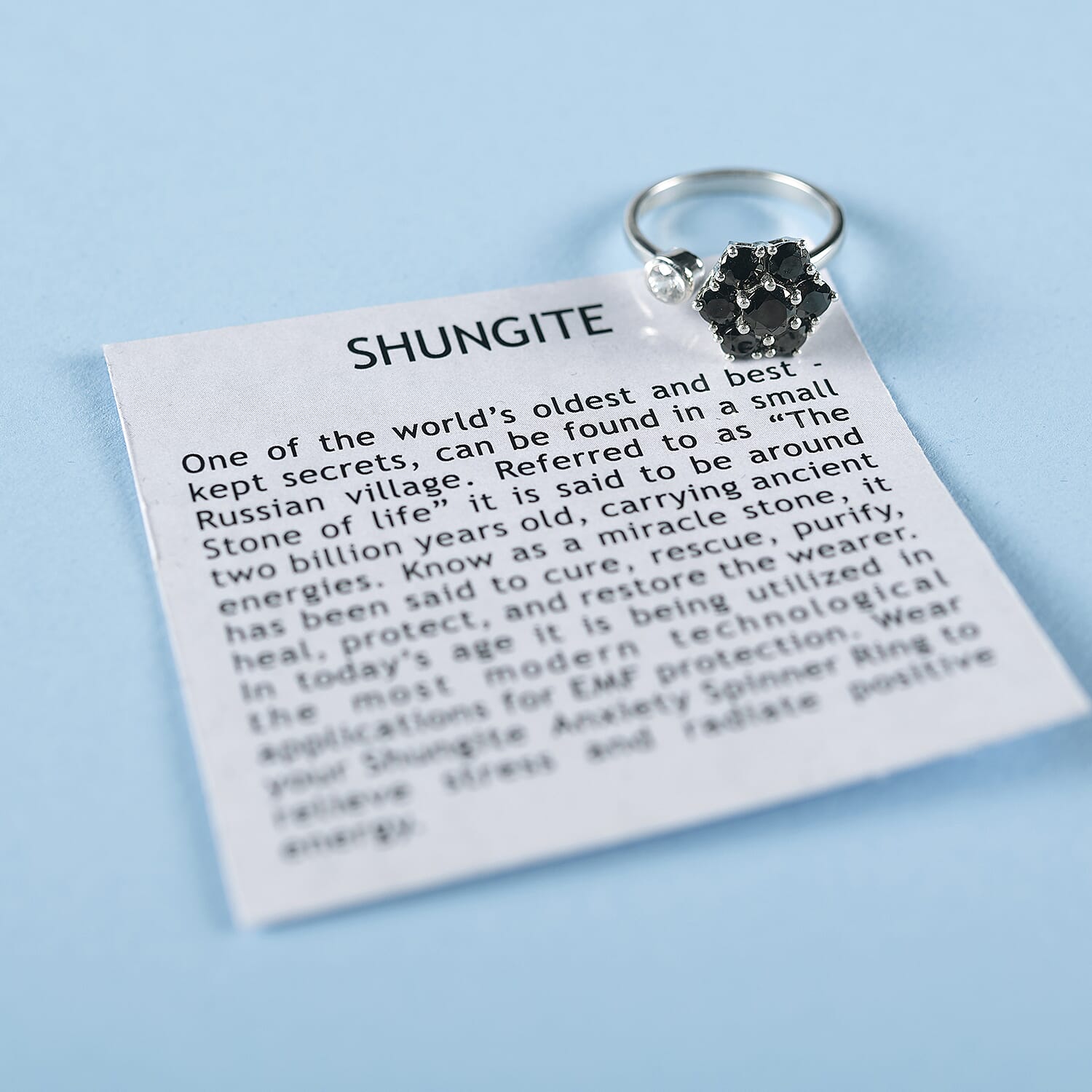 Elite Shungite and White Zircon Floral Spinner Band Ring in Platinum Over Sterling Silver (Adjustable Size Large 9-11) 1.75 ctw
