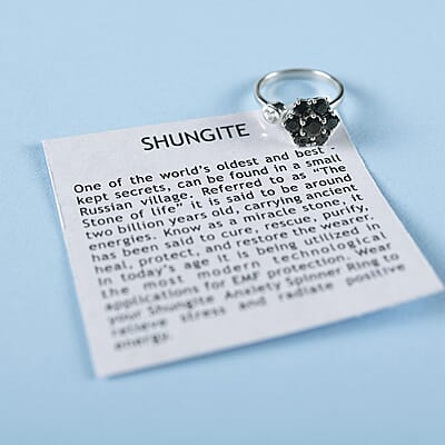 Elite Shungite and White Zircon Floral Spinner Band Ring in Platinum Over Sterling Silver (Adjustable Size Large 9-11) 1.75 ctw