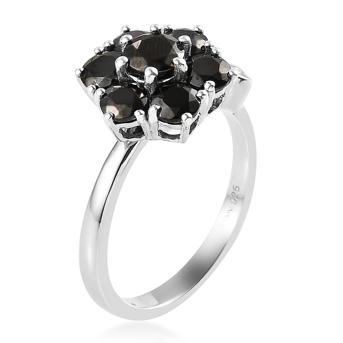 Elite Shungite and White Zircon Floral Spinner Band Ring in Platinum Over Sterling Silver (Adjustable Size Large 9-11) 1.75 ctw