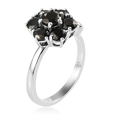 Elite Shungite and White Zircon Floral Spinner Band Ring in Platinum Over Sterling Silver (Adjustable Size Large 9-11) 1.75 ctw