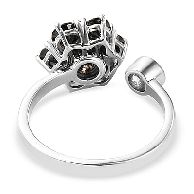 Elite Shungite and White Zircon Floral Spinner Band Ring in Platinum Over Sterling Silver (Adjustable Size Large 9-11) 1.75 ctw