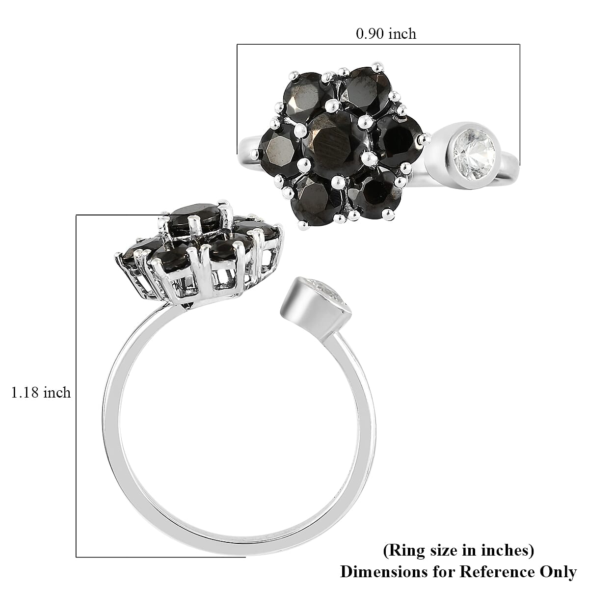 Elite Shungite and White Zircon Floral Spinner Band Ring in Platinum Over Sterling Silver (Adjustable Size Large 9-11) 1.75 ctw
