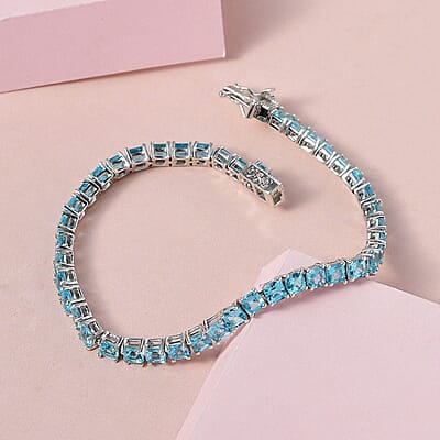 Asscher Cut Madagascar Paraiba Apatite Tennis Bracelet in Platinum Over Sterling Silver (7.25 In) 14.00 ctw
