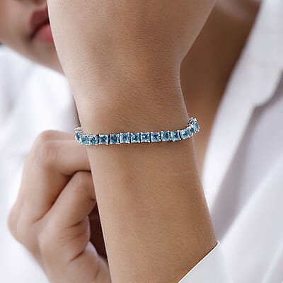 Asscher Cut Madagascar Paraiba Apatite Tennis Bracelet in Platinum Over Sterling Silver (7.25 In) 14.00 ctw